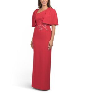 RENE BY RENE RUIZ Red Cape Gown With Beaded Embellishments